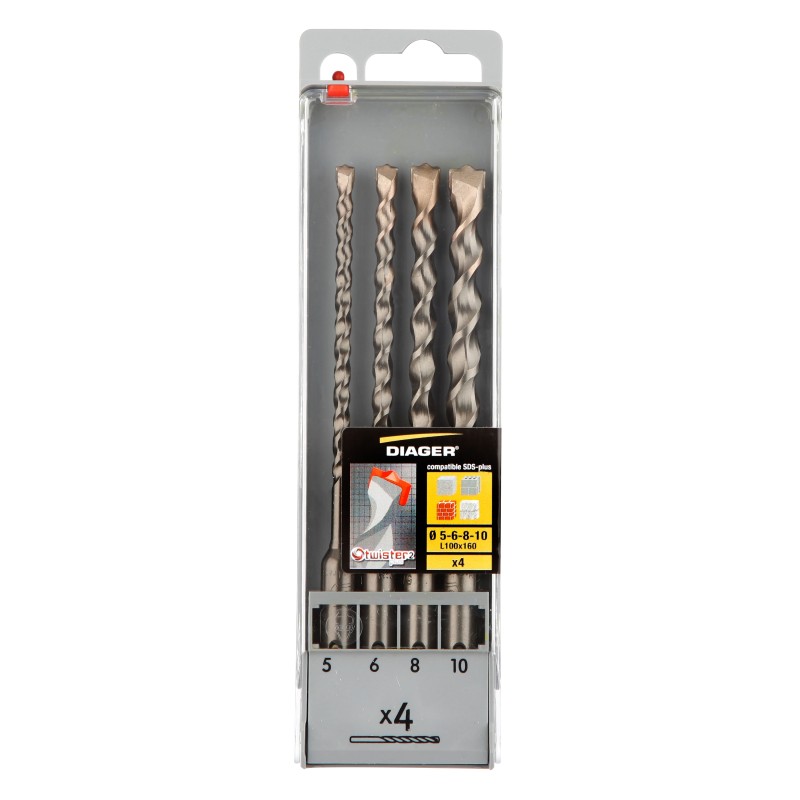 Coffret plastique 4 forets béton Twister 2 taillants compatible SDS+ L160Ø5-6-8-10