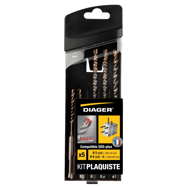 Coffret 5 forets béton Booster 3 taillants compatible SDS+ spécial plaquiste L110 Ø5(x2) L160Ø6(x2)-8