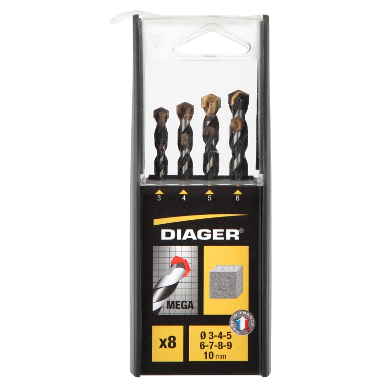 Coffret 8 forets béton Méga attachement cylindrique Ø3-4-5-6-7-8-9-10 mm