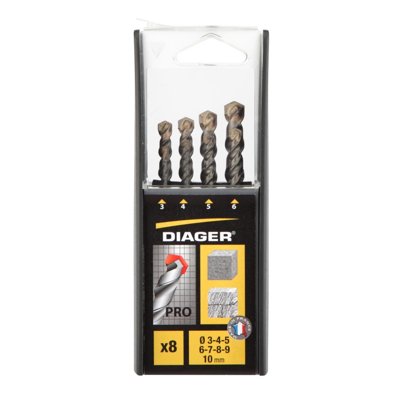 Coffret 8 forets béton Pro attachement cylindrique Ø3-4-5-6-7-8-9-10 mm Coffret 8 forets béton Pro attachement cylindrique Ø3-4-5-6-7-8-9-10 mm