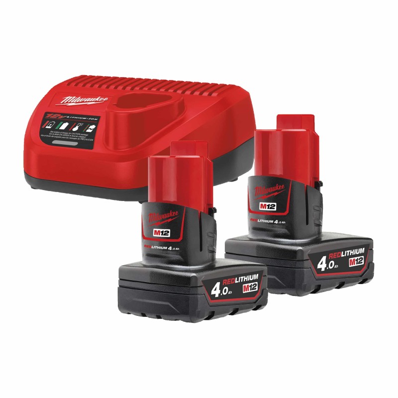 M12 PACKNRJ-402 - Pack NRJ 12V, 4,0 Ah Red Lithium, système M12. Livré avec 2 Batteries M12B4, 1 C12C, Carton