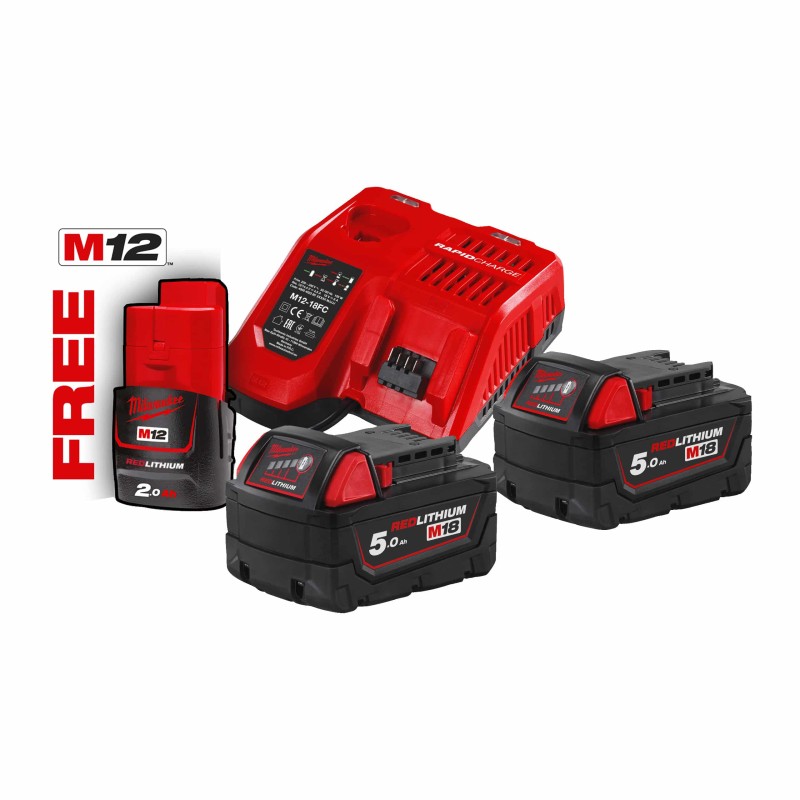 M18 NRG-502 - Pack NRJ 18V, 5,0 Ah Red Lithium, système M18 + OFFERT 1 Batterie M12 2,0 Ah