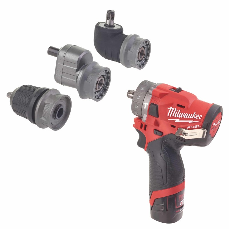 M12 FPDXKIT-202X - Perceuse percussion A mandrin amovible. Livré en 3 mandrins amovibles (mandrin 13mm, renvoi d'angloi, déporté