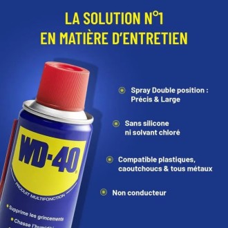 Produit WD-40 sans silicone pour éliminer les grincements, chasser l'humidité et dégripper les pièces rouillées.