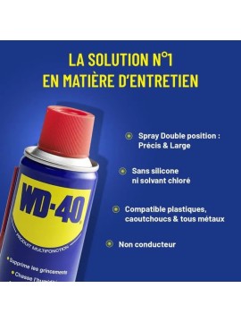 Produit WD-40 sans silicone pour éliminer les grincements, chasser l'humidité et dégripper les pièces rouillées.