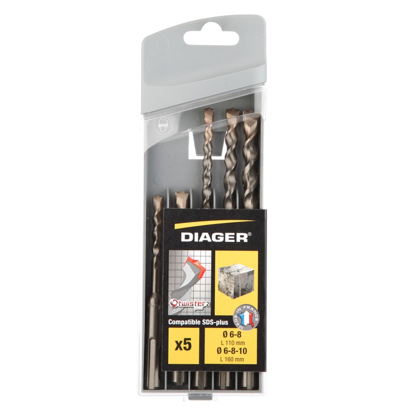 Coffret plastique 5 forets béton Twister 2 taillants compatible SDS+ L110 Ø6-8 L160Ø6-8-10 Coffret plastique 5 forets béton Twister 2 taillants compatible SDS+ L110 Ø6-8 L160Ø6-8-10