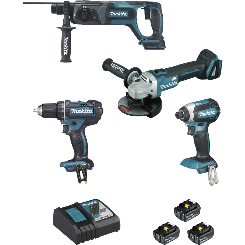 LOT DE 4 MACHINES 18V 5AH (DGA504 + DDF482 + DHR241 + DTD153)