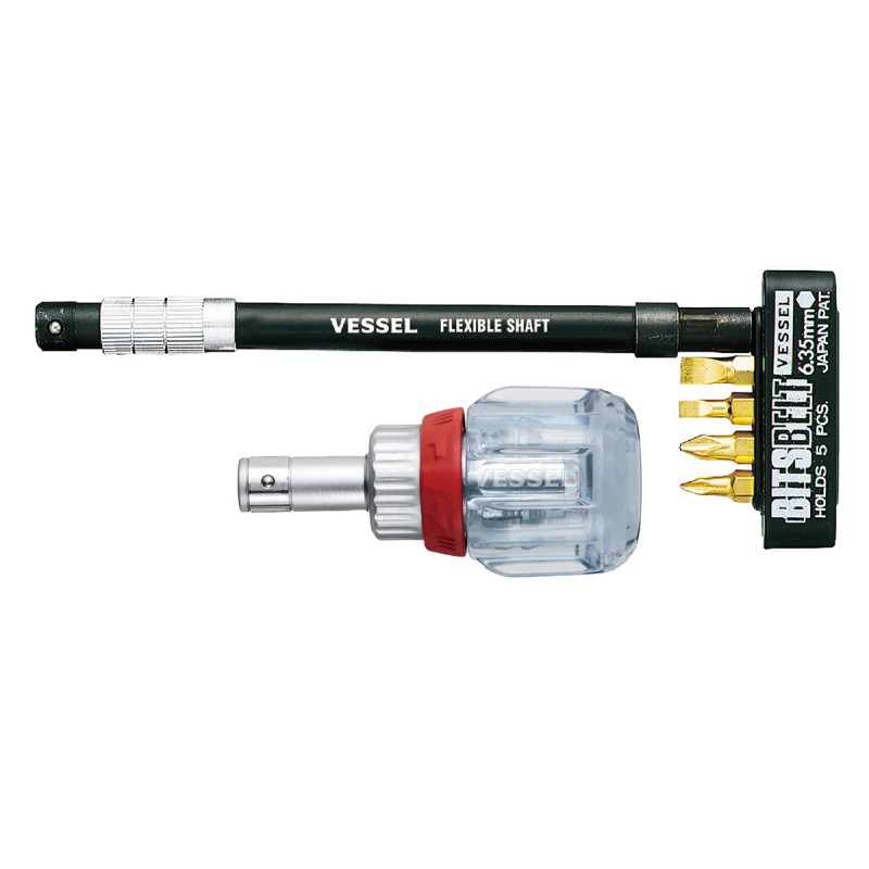 TOURNEVIS A CLIQUET TOM POUCE + LAME PORTE-EMBOUT FLEXIBLE 165MM  + 4 EMBOUTS