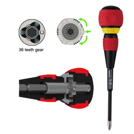 Tournevis à cliquet ergonomique Vessel avec poignée Ball Grip et lame interchangeable, vendu par V.O.S Outillages et Équipements