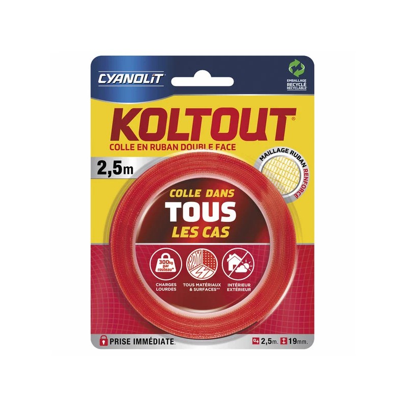 KOLTOUT RUBAN 2,5M X 19MM|Adhésif double face ultra-résistant