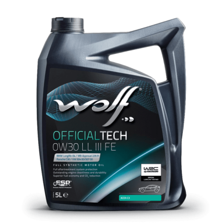 Huile moteur WOLF OFFICIALTECH 0W30 LL III FE, bidon de 5L – Référence 1044344