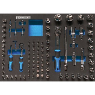 Module en mousse noir avec un jeu de clés mixtes Stilker de différentes tailles, organisées sur un support bleu.