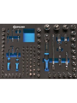 Module en mousse noir avec un jeu de clés mixtes Stilker de différentes tailles, organisées sur un support bleu.
