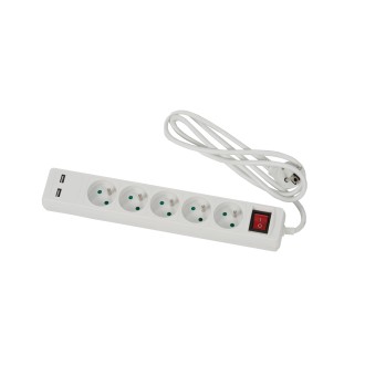 BLOC 5 PRISES + 2 PRISES USB BLANC AVEC INTERRUPTEUR - 1,5M CABLE H05VVF 3G1