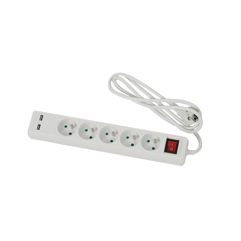BLOC 5 PRISES + 2 PRISES USB BLANC AVEC INTERRUPTEUR - 1,5M CABLE H05VVF 3G1